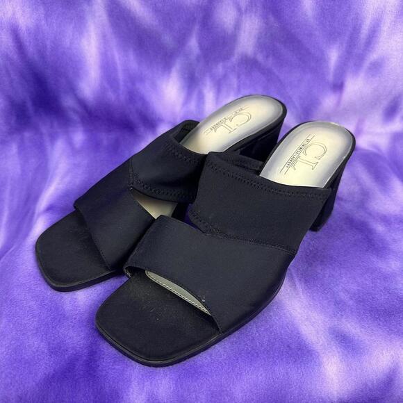 Cute stretchy black scuba fabric cutout block heeled mules sz 9 - Picture 1 of 4
